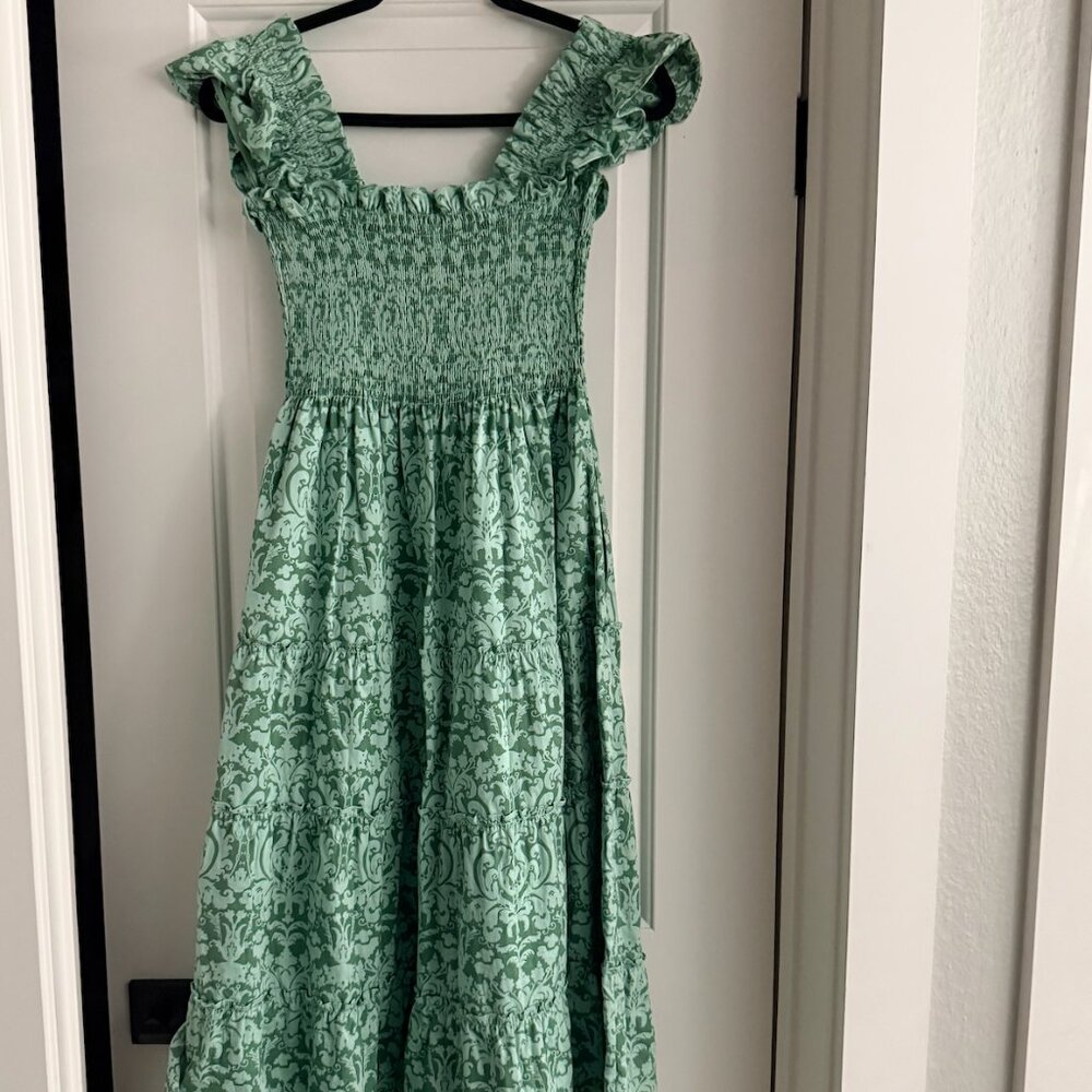 Hill House Ellie Nap in Green Jacquard Print Smocked Midi Dress Size S - Picture 4 of 4